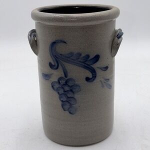 Rowe Vintage 1997 Pottery Works 9x6 Salt Glaze Blue Grapes Wine Crock Handles